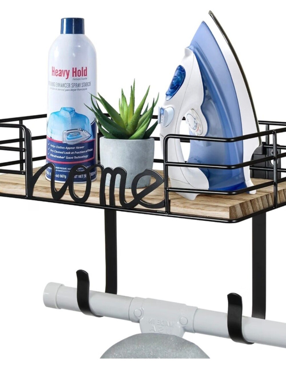 Ironing Board Hanger Wall Mount with Large Storage Wooden Base Basket